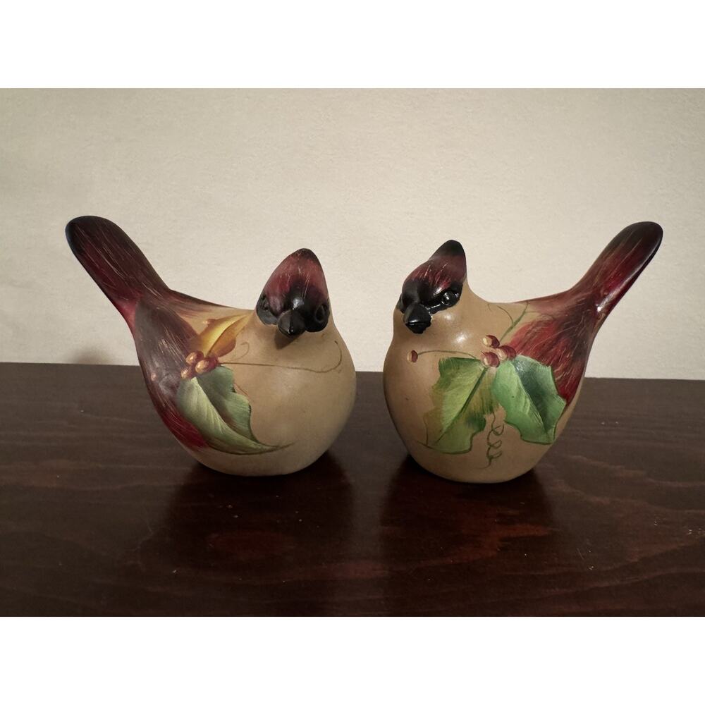 Wooden Birds 2 Hand Painted Christmas Cardinal Bird Folk Art Winter Figurine